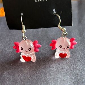 Charming Pink Axolotl earrings for kids or adults. Cute, fun, and bright!